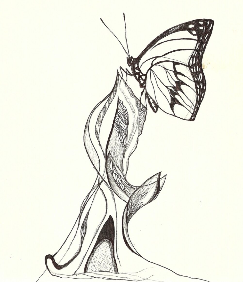 tekening vlinder ontmoet vuur, als symbool voor wie ik ben
